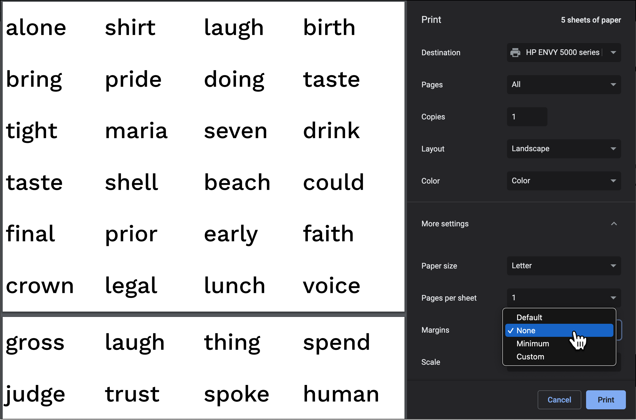 A screenshot showing how to set landscape and margins for a printer in Chrome